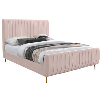Zara Channel Tufted Velvet Upholstered Bed With Custom Gold Legs, Pink, King
