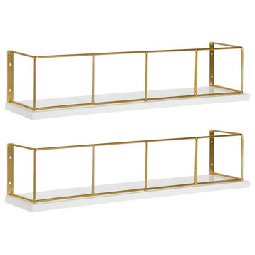 Benbrook 18 Wood and Metal Floating Wall Shelves  , White/Gold 2 Piece