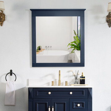 Solid Wood Bathroom Vanity Mirror for Wall Mounted, Navy Blue, 32x33