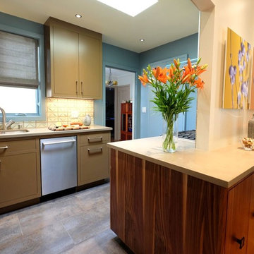 Omega Inset cabinets custom paint and full access island in walnut