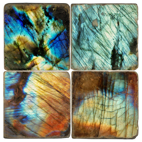 Tumbled Marble Coaster St/4 With Coaster Stand, Labradorite