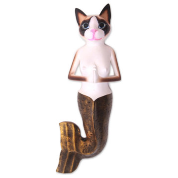 Novica Handmade Snowshoe Mermaid Cat Wood Wall Sculpture