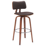 Armen Living - Pico 26" Swivel Walnut Wood Counter Stool, Brown Faux Leather With Chrome, 30 - Update your casual meals and cocktail hours with the modern charm and elegance of our Pico Upholstered Swivel Bar or Counter Stool. With bentwood construction, our bar stool features a beautifully curved seat and back, embracing your body with comfort. It is complemented with sculptural bentwood legs to bring signature modern style to your bar or high dining table. Completed with a footrest and upholstered seat, the counter stool promises a comfortable stay. It is upholstered in your choice of faux leather or high-performance fabric to provide easy care and maintenance, best suited to your home. This modern barstool includes a versatile design to complement a kitchen island, pub table, home bar, or adjustable desk. With durable construction, it can be used anywhere from a kitchen to a home office to serve you for years to come. Our counter stool comes with a wonderful 360-degree swivel function. Its smooth gliding system allows you to turn with ease and enjoy your conversation, meals, and cocktail hours to the fullest. The Pico swivel bar or counter stool easily incorporates into any home and is available in your choice of 26-inch or 30-inch seat height. The Pico bar or counter stool is available in your choice of a walnut wood finish with gray, cream, or brown faux leather upholstery and chrome footrest, or a black wood finish with gray faux leather or light gray fabric upholstery and black footrest.