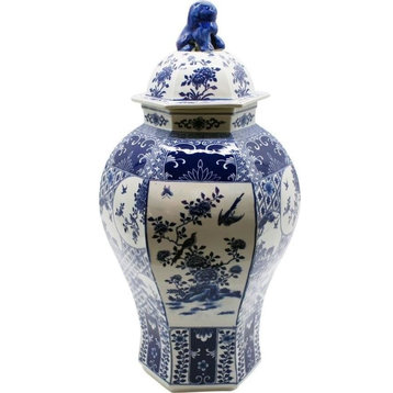 Temple Jar Vase Medallion Floral Hexagonal White Blue Colors May Vary