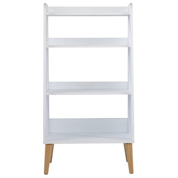Mid Century Modern Bookcase, Ladder Design With Wood Legs & Open Shleves, White