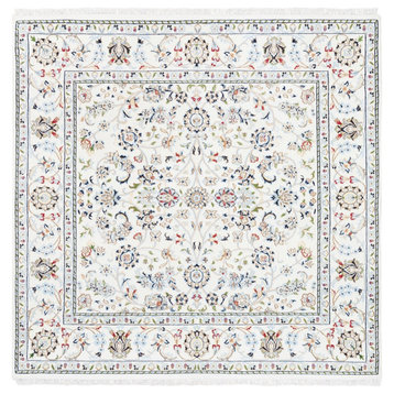 All Over Floral Design Square Wool & Silk 250 KPSI Nain Hand Made Rug, 5'2"x5'2"