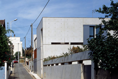 Cette photo montre une grande façade de maison grise tendance en béton à un étage avec un toit plat.
