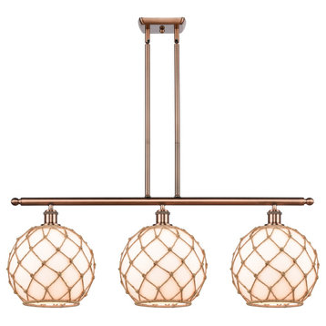 Farmhouse 3-Light Island-Light, Antique Copper, White Glass With Brown Rope