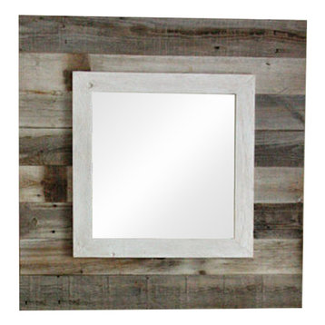 Barnwood Slat Mirror With White Overlay, 34"x34"