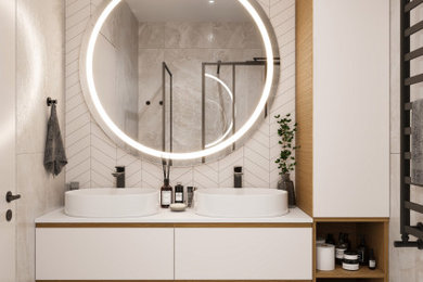 White Fenix NTM with Oak Bathroom