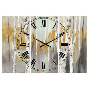 Silver and Yellow Birch Forest Ii Farmhouse 3 Panels Metal Clock