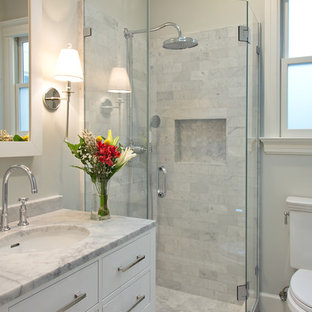 Corner Shower Small Transitional Gray Tile And Stone Tile Marble Floor Corner Shower Idea In