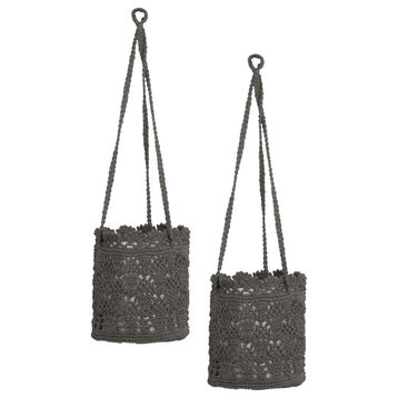 Modé Crochet 8" x 8" x 8" Hanging Baskets (Set of 2), Charcoal