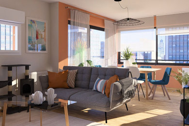 Idée de décoration pour un salon design de taille moyenne avec un mur orange, parquet clair et un téléviseur indépendant.