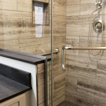 Gray Master Bathroom with Tiled Shower and Barn Door