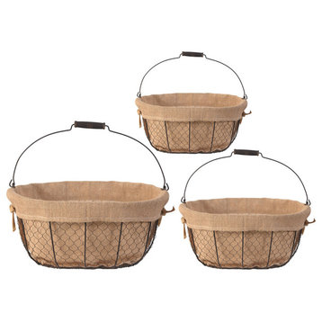 Stackable Oval Metal Baskets With Liners, 3-Piece Set