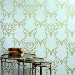 DEER DAMASK-DUCK EGG BLUE & ANTIQUE GOLD - Wallpaper