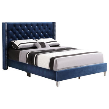 Maklaine Transitional Upholstered Velvet Full Bed in Navy Blue