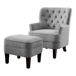 Elroy 32 Wide Tufted Wingback Chair and Ottoman Alcott Hill Fabric Linen Gun Metal