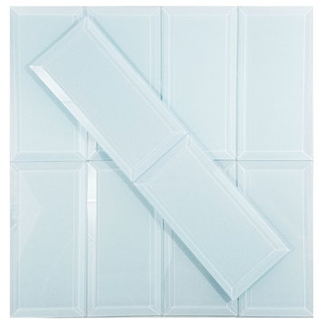 Frosted Elegance Peel & Stick 3x6 Beveled Glass Subway Tile in Glossy Light Blue