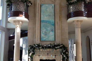 Inspiration for a transitional formal travertine floor living room remodel in Houston with a standard fireplace and a stone fireplace