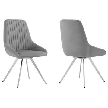 Skye Swivel Gray Velvet and Brushed Stainless Steel Dining Room Chairs - Set...