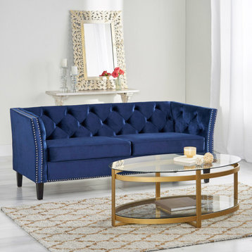 Madera Contemporary Tufted Velvet 3 Seater Sofa, Midnight Blue/Dark Brown