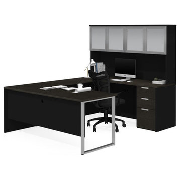 Pemberly Row U Desk with 4 Door Hutch in Deep Gray and Black