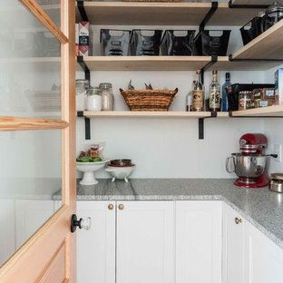 Mid-sized farmhouse kitchen pantry ideas - Kitchen pantry - mid-sized farmhouse l-shaped medium tone wood floor and brown floor kitchen pantry idea in Portland Maine with shaker cabinets, white cabinets, granite countertops, white backsplash, subway tile backsplash, stainless steel appliances and gray countertops
