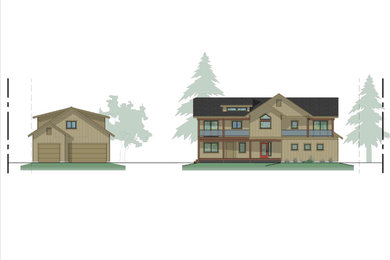 Diseño de fachada de casa verde y negra rústica grande de dos plantas con revestimientos combinados, tejado a dos aguas, tejado de teja de madera y panel y listón