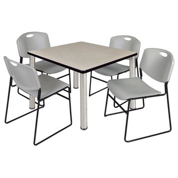 Kee 36" Square Breakroom Table, Maple, Chrome and 4 Zeng Stack Chairs, Gray