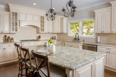 Inspiration for a large transitional l-shaped dark wood floor and brown floor kitchen remodel in Bridgeport with an undermount sink, raised-panel cabinets, beige cabinets, granite countertops, beige backsplash, stone tile backsplash, stainless steel appliances, an island and multicolored countertops