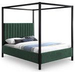 Meridian Furniture - Kelly Boucle Fabric Upholstered Bed, Green, Full - Immerse yourself in a haven of tranquility and refined design with the Kelly Full-sized Boucle Fabric Bed. This captivating centerpiece seamlessly blends the rich texture of green boucle fabric with a salt & pepper-colored undertone, creating a visual harmony that elevates your bedroom while fostering restful nights. The matte black iron metal frame canopy adds a touch of drama and elegance, transforming your space into a private sanctuary. Imagine the soft glow of fairy lights draped across the canopy, creating a magical ambiance perfect for unwinding after a long day or enjoying a cozy reading nook. This canopy provides not only a touch of privacy but also an opportunity to personalize your space and create a truly unique retreat.