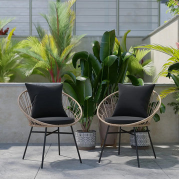 Set of 2 Patio Dining Chair, Papasan Design With Rounded Rattan Back, Black