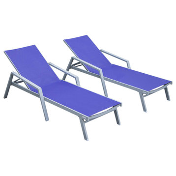 LeisureMod Marlin Patio Chaise Lounge Chair Gray Arms Set of 2, Navy Blue
