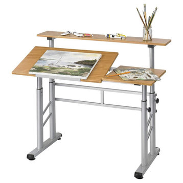Modern Drafting Table, Adjustable Top and Raised Shelf, Medium Oak Finish