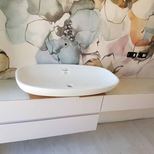 Large trendy multicolored tile and ceramic tile ceramic floor and white floor bathroom photo in Florence with beaded inset cabinets, red cabinets, multicolored walls, glass countertops and pink countertops