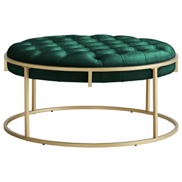 Elegant Ottoman, Golden Base & Round Button Tufted Velvet Seat, Dark Green
