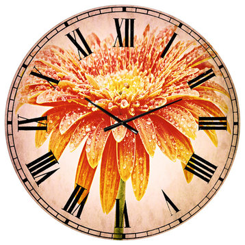 Large Orange Gerbera On White Floral Large Metal Wall Clock, 36x36