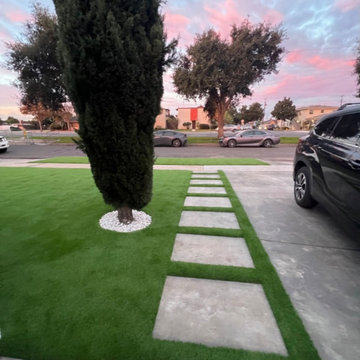 Modern Front Yard with Artificial Turf and Concrete Walkway | Torrance, CA