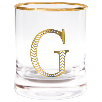 Monogram Gold 11 oz. Set of 4 Whiskey Glasses, "G"