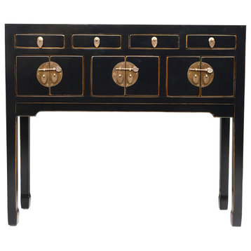 Chinese Console Lacquer Lady Chest, Black With Gold Highlight
