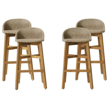 Beeson Outdoor Wicker and Acacia Wood 30" Barstools, Set of 4