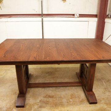 Solid Oak Mission-Style Trestle Dining Table — Full Stain and Finish Application