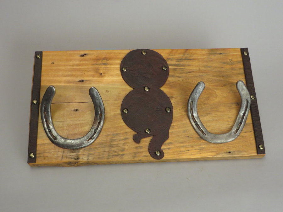 #R15001 Coat Rack. Reclaimed Poplar, horseshoes, leather