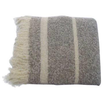 Wool & Angora Mohair Throw Blanket, Gray With White Stripes, 53"x71"