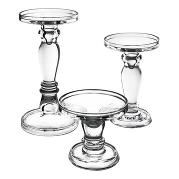 3-Piece Set Vintage Stem Glass Pillar Candle Holders. H-5", 8" and 11”, 1 Set