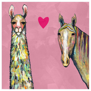 "Llama Loves Horse, Pink" Stretched Canvas Art by Eli Halpin, 18"x18"