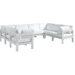 Meridian Furniture - Nizuc Water Resistant Patio U-Shaped Modular Sectional, White, 8-Piece: 4 Armless Chair, 4 Corner Chair, White Aluminum Frame - Pick and choose your favorites from the Nizuc collection to create a modular seating group the whole gang will enjoy. The sturdy aluminum frame provides dependable support for friends and family as they relax and unwind, and the resilient white water resistant fabric stands up to the elements without losing its beautiful demeanor, so you can count on it lasting for the long haul. Latches beneath these seating pieces help you easily attach them to one another for convenient setup.