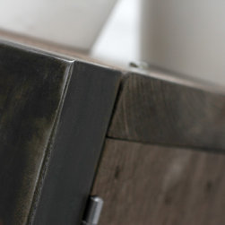 Louisa Reclaimed Scaffolding Board Media Unit with Slatted Wood and Steel Doors - Storage Cabinets